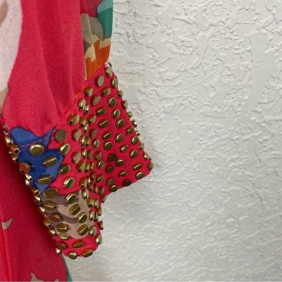 DEPRI Womens Red Floral Blouse Long Studded Cuff Sleeves Keyhole Tie Back - Picture 8 of 12